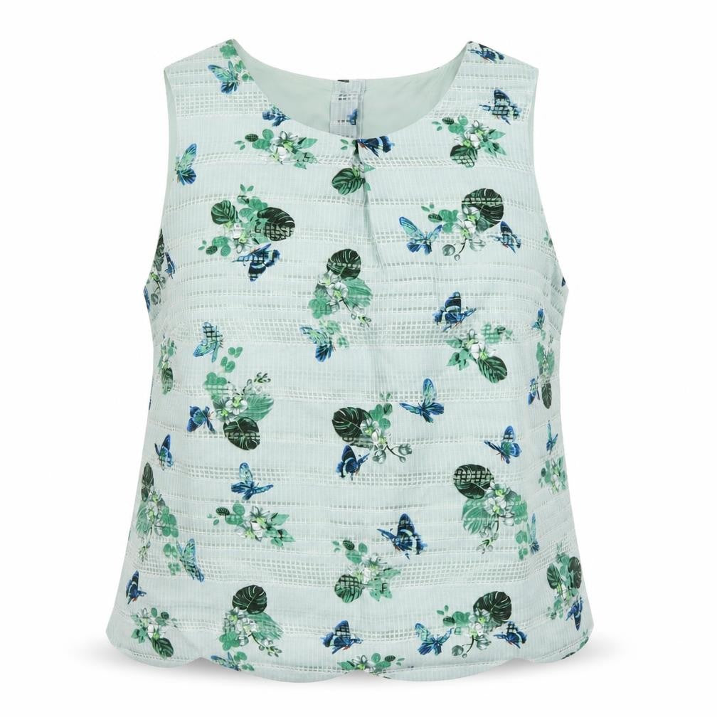 Front view of Oasis women’s blue floral polyester basic tank, size UK 22, round neck - butterfly