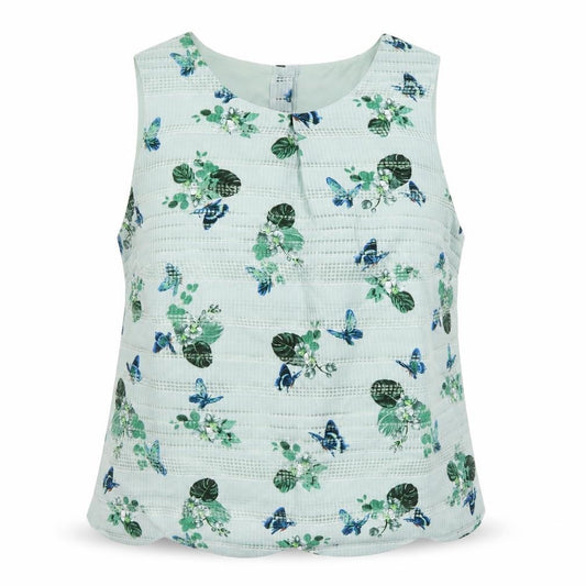 Front view of Oasis women’s blue floral polyester basic tank, size UK 22, round neck - butterfly