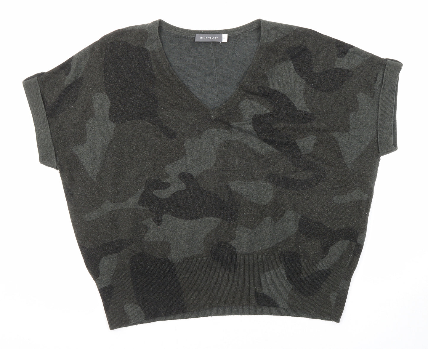 Mint Velvet Womens Green V-Neck Camouflage Acrylic Pullover Jumper Size XL