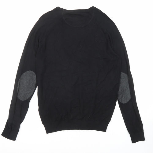 Zara Mens Black Round Neck Cotton Pullover Jumper Size M Long Sleeve - Elbow Patches