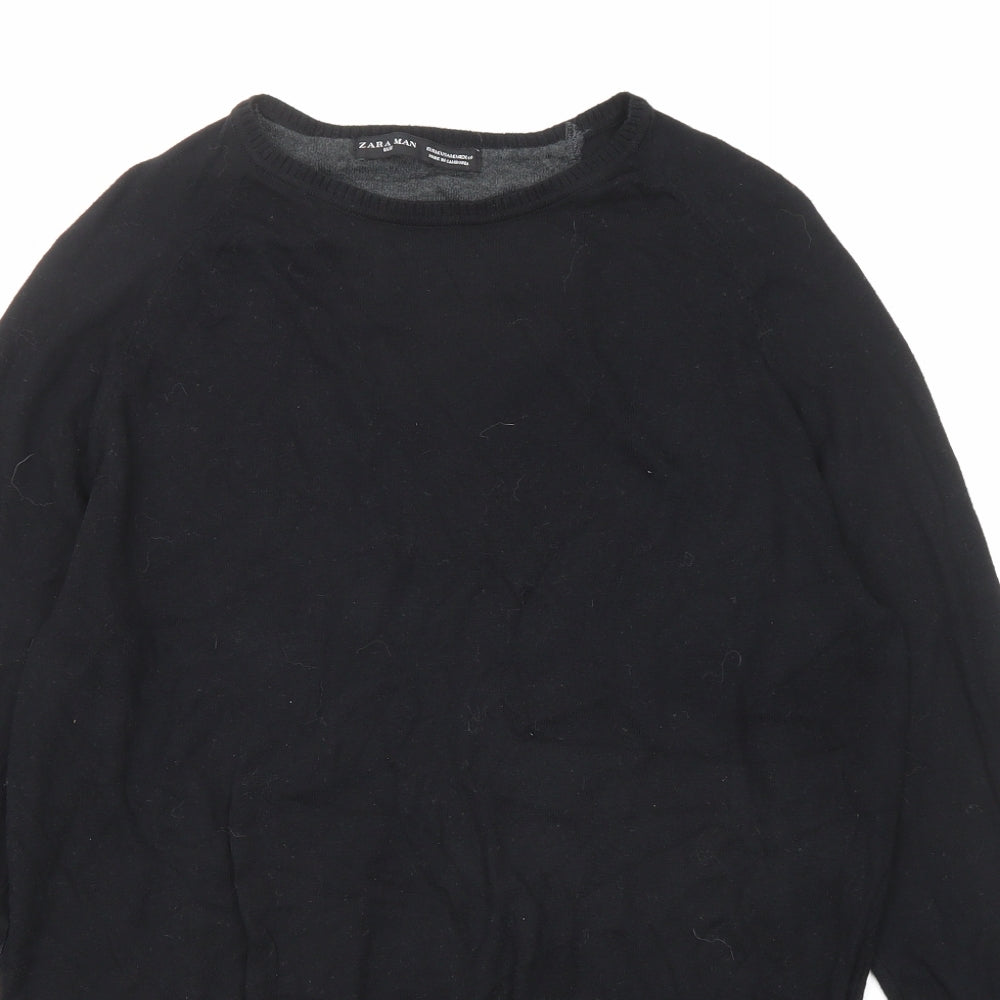 Zara Mens Black Round Neck Cotton Pullover Jumper Size M Long Sleeve - Elbow Patches