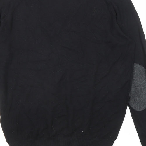 Zara Mens Black Round Neck Cotton Pullover Jumper Size M Long Sleeve - Elbow Patches