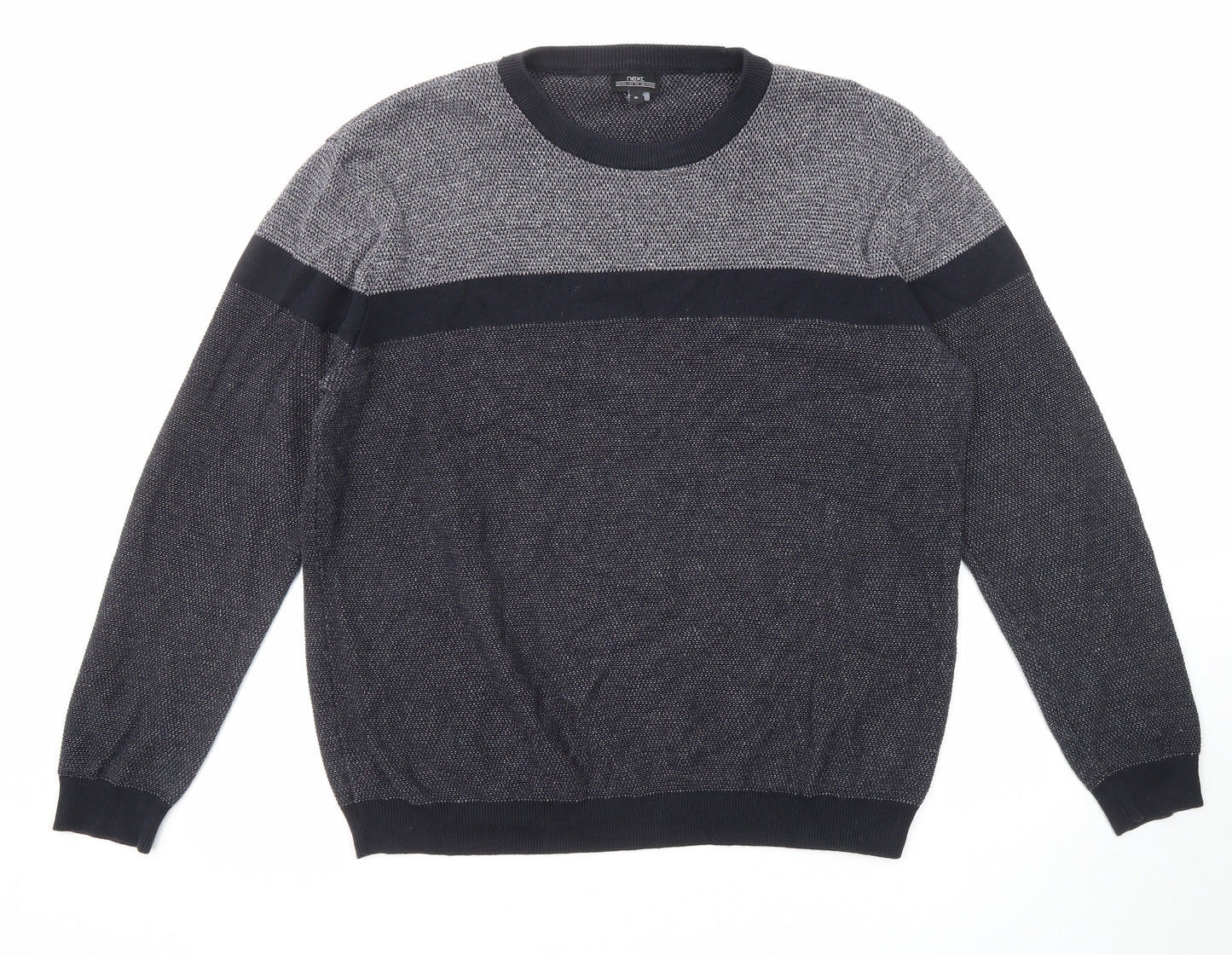 NEXT Mens Grey Round Neck Cotton Pullover Jumper Size XL Long Sleeve - Colour Block