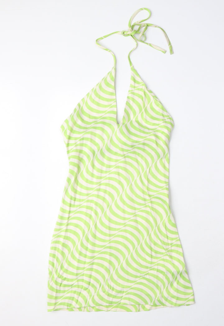 Zara Womens Green Geometric Viscose Bodycon Size XS Halter Zip