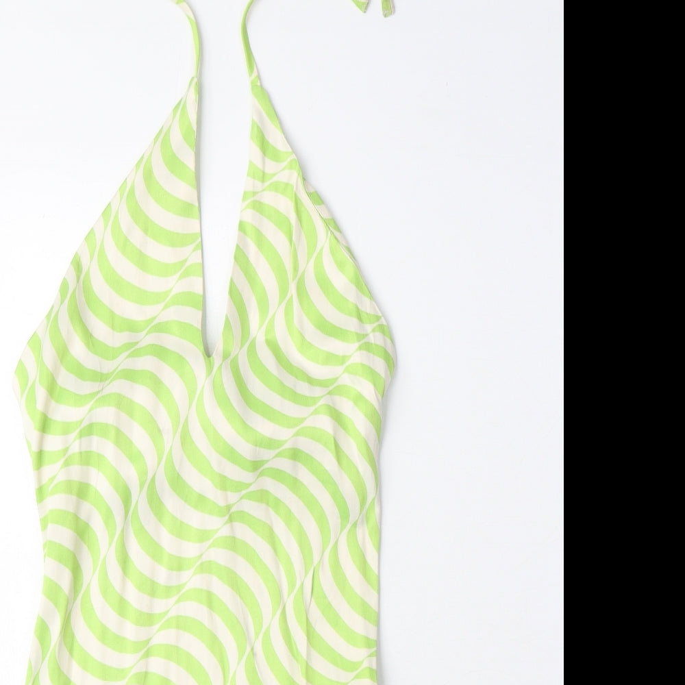 Zara Womens Green Geometric Viscose Bodycon Size XS Halter Zip