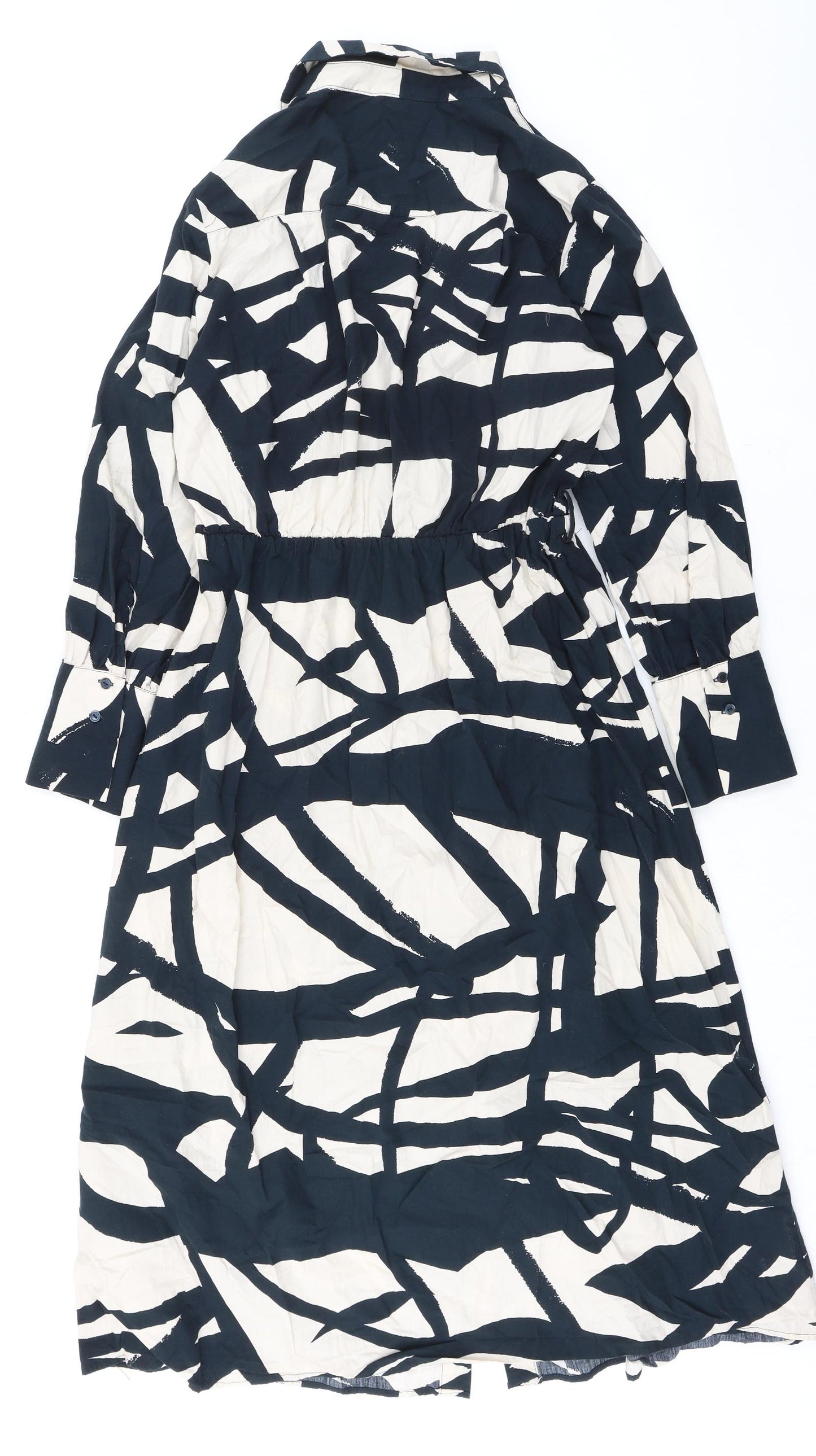 Zara Womens Black Geometric 100% Cotton Shirt Dress Size L Collared Button