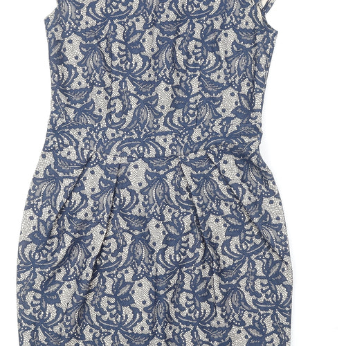 Dorothy Perkins Womens Blue Geometric Nylon Pencil Dress Size 10 Round Neck Zip