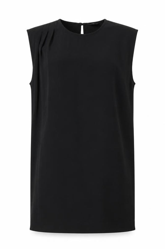 Front view of mbyM women’s black polyester a-line, size XS, round neck button