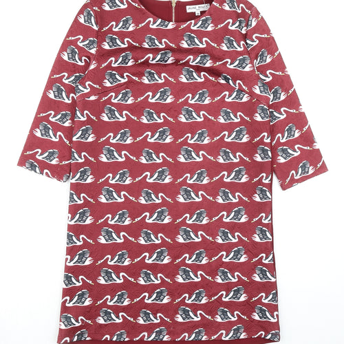 Jaune Rouge Womens Red Geometric Polyester A-Line Size M Round Neck Zip - Swan Pattern