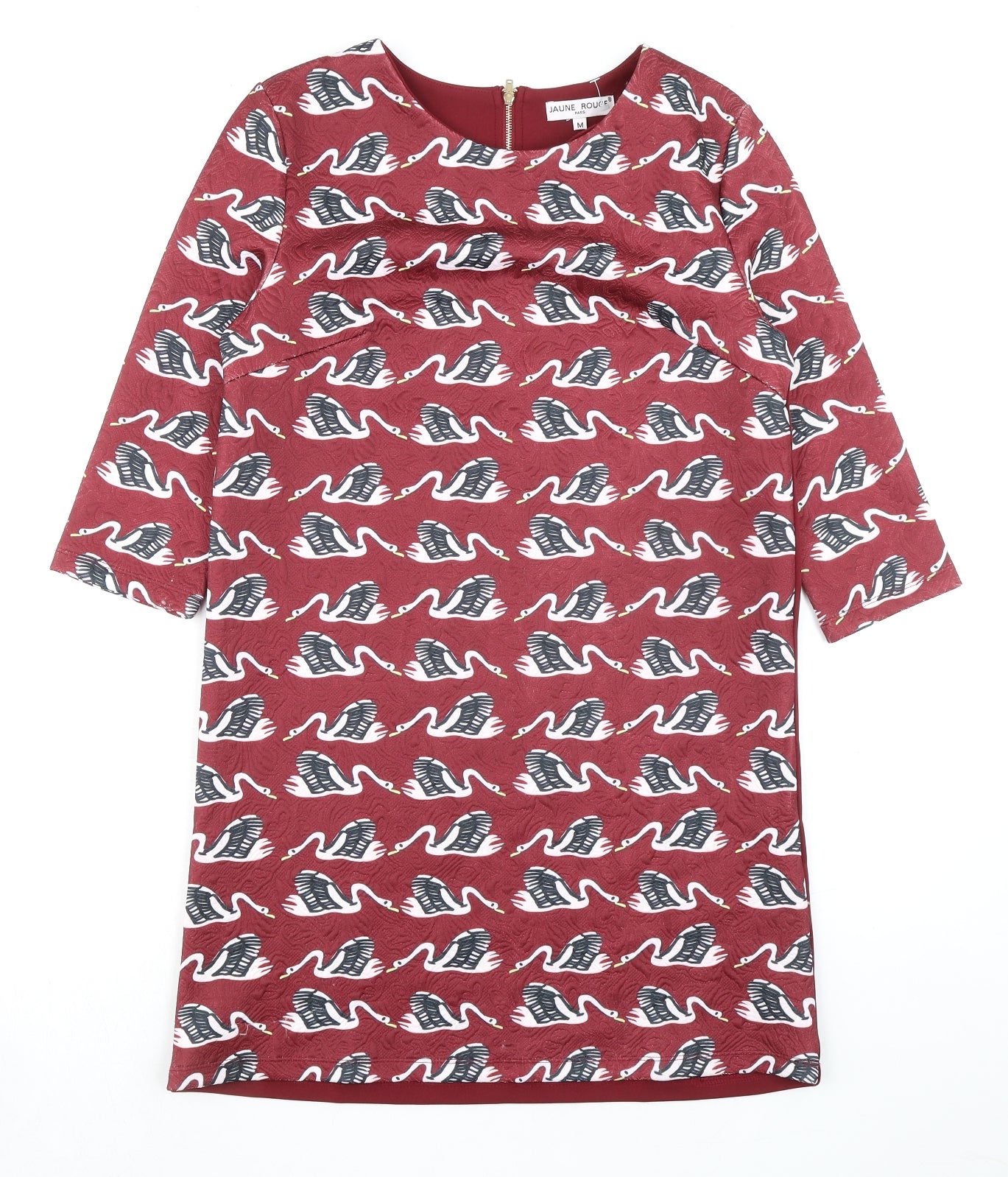 Jaune Rouge Womens Red Geometric Polyester A-Line Size M Round Neck Zip - Swan Pattern