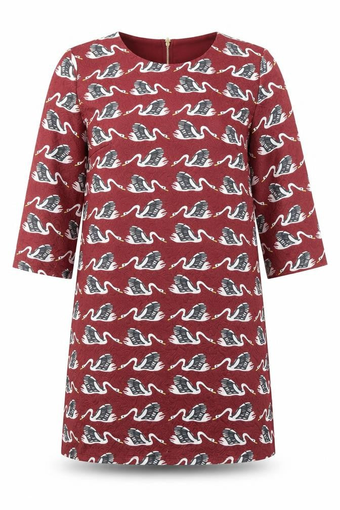 Front view of Jaune Rouge women’s red geometric polyester a-line, size M, round neck zip - swan pattern