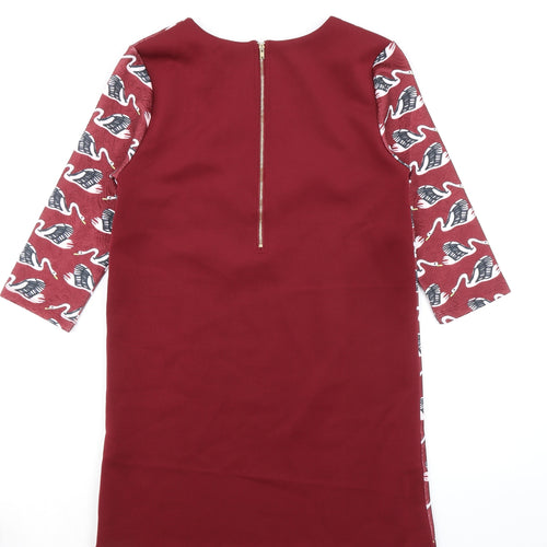 Jaune Rouge Womens Red Geometric Polyester A-Line Size M Round Neck Zip - Swan Pattern