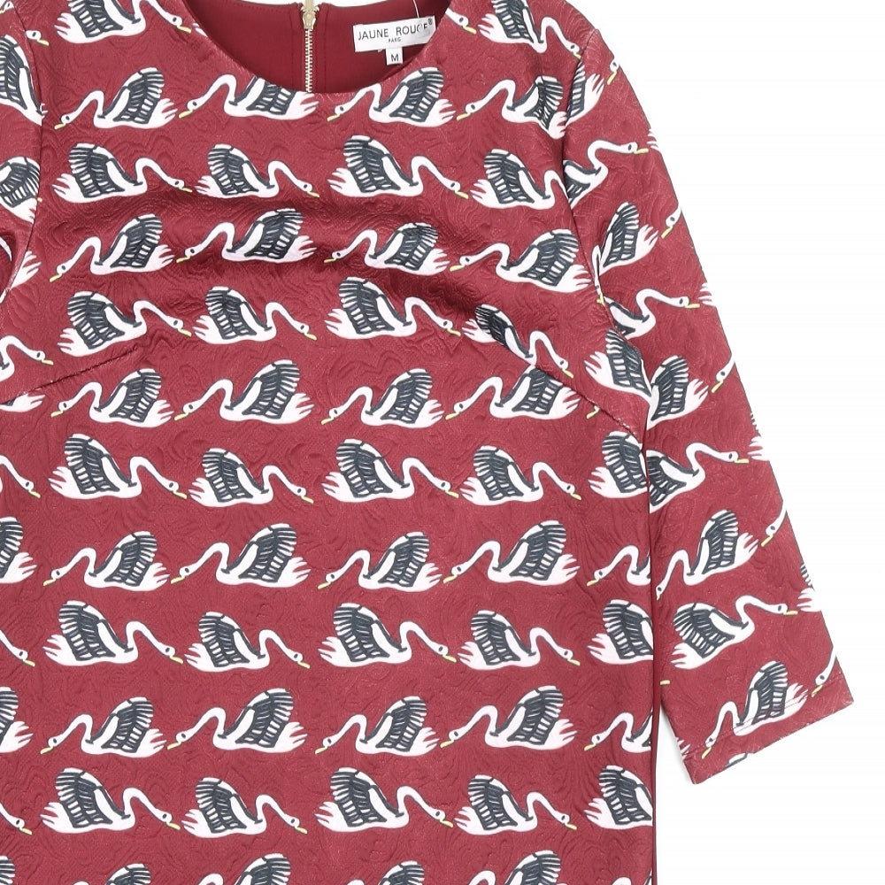 Jaune Rouge Womens Red Geometric Polyester A-Line Size M Round Neck Zip - Swan Pattern