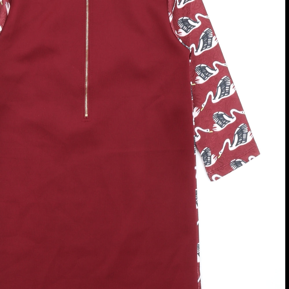 Jaune Rouge Womens Red Geometric Polyester A-Line Size M Round Neck Zip - Swan Pattern