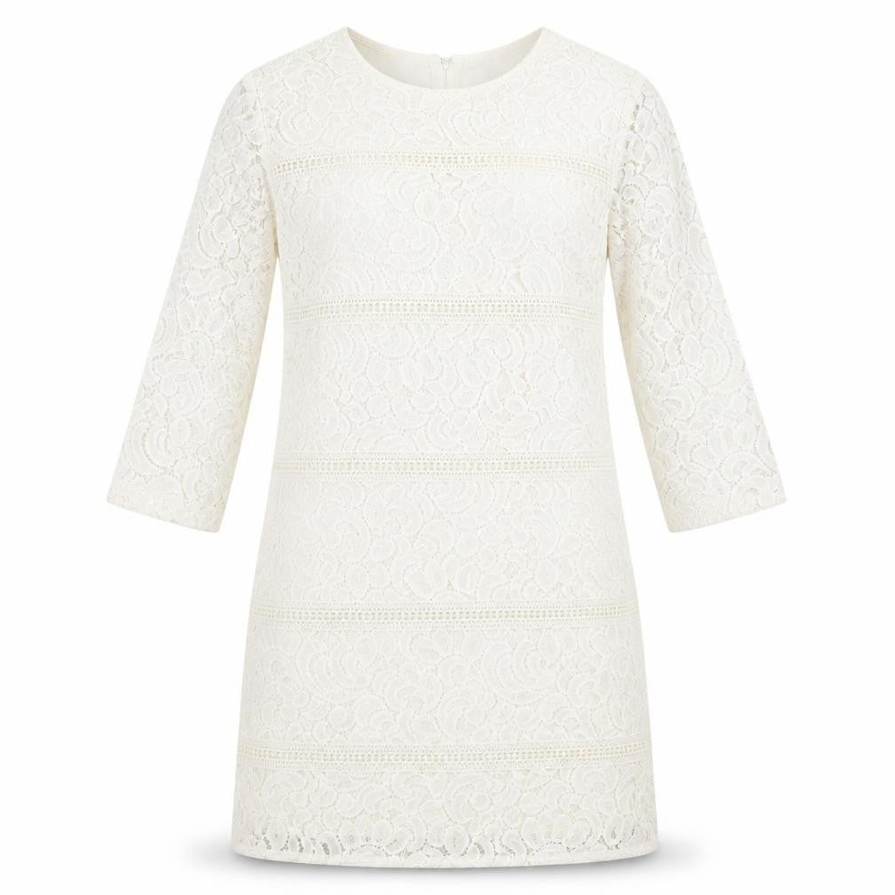 Front view of Warehouse women’s ivory polyamide a-line, size UK 10, round neck hook & eye
