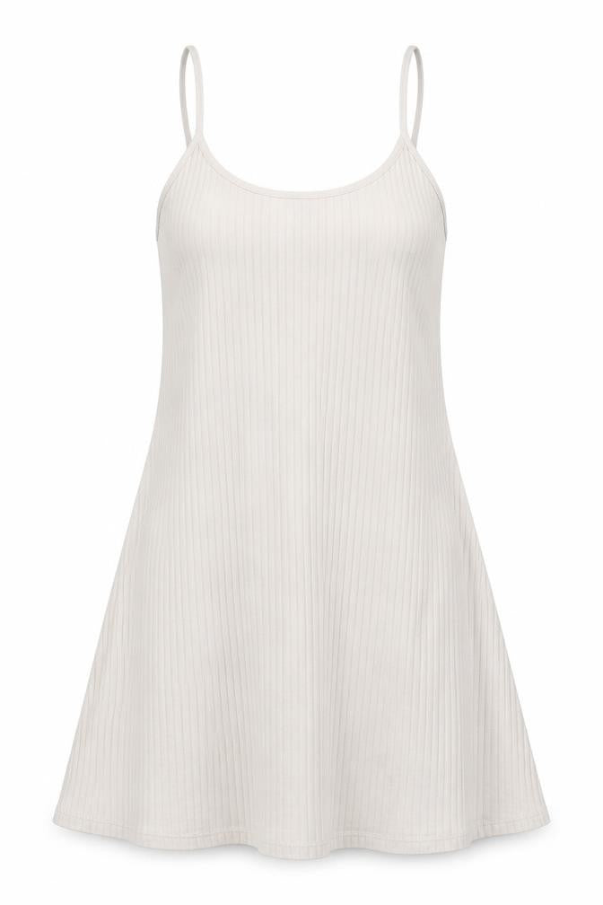 Front view of H&M women’s beige cotton a-line, size M, round neck pullover - ribbed