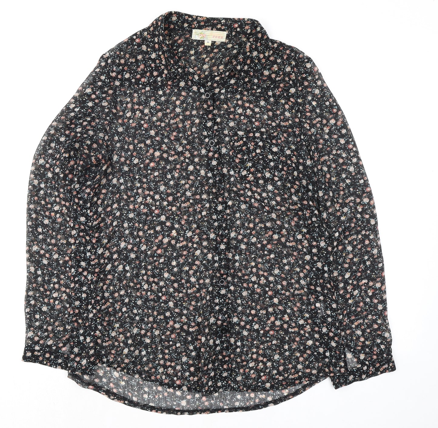 Cameo Rose Womens Black Floral Polyester Basic Button-Up Size 10 Collared