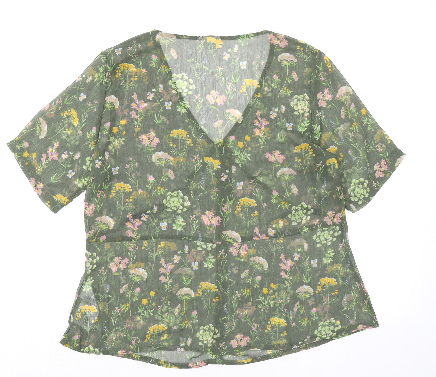 Jacqueline de Yong Womens Green Floral Polyester Basic Blouse Size 12 V-Neck