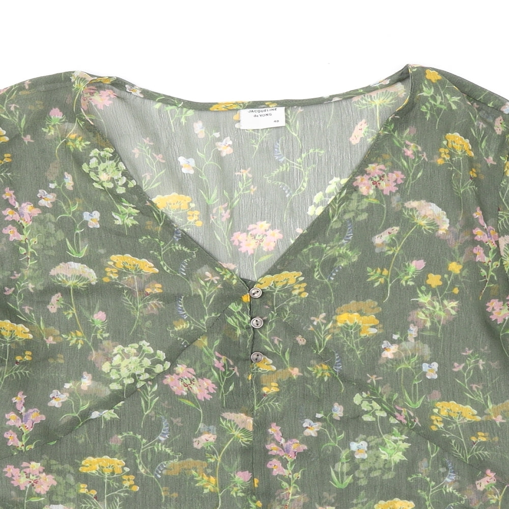 Jacqueline de Yong Womens Green Floral Polyester Basic Blouse Size 12 V-Neck