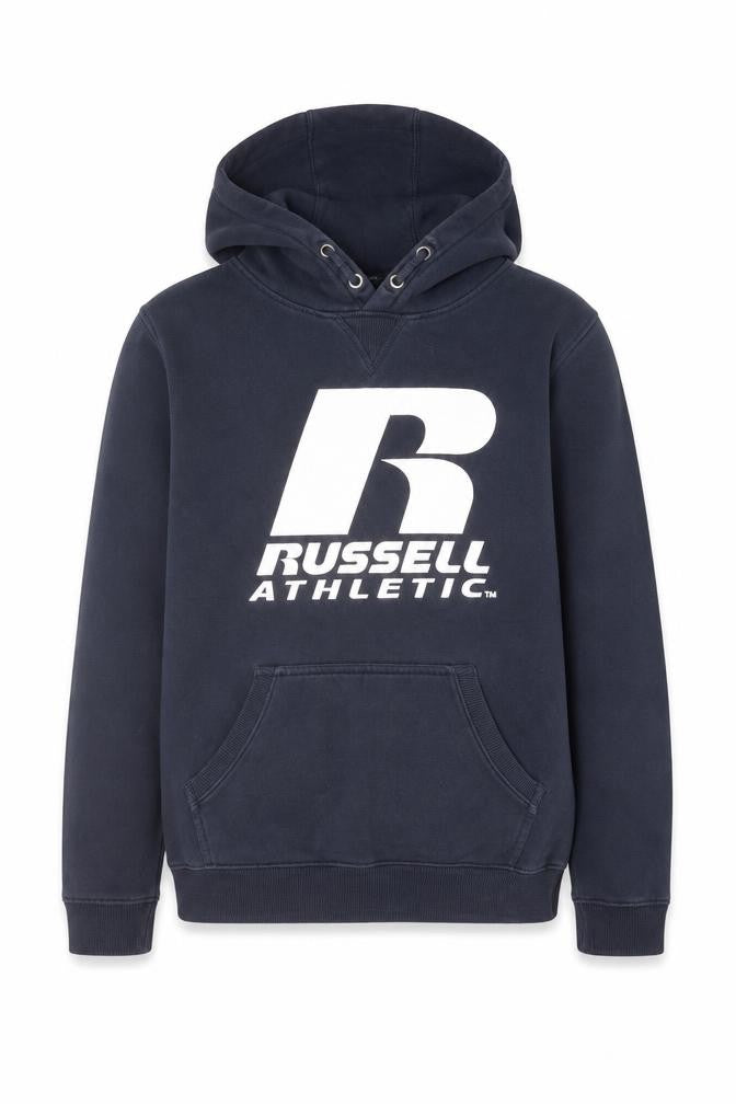 Front view of Russell Athletic boys’ blue cotton pullover hoodie, size 14-15, years pullover