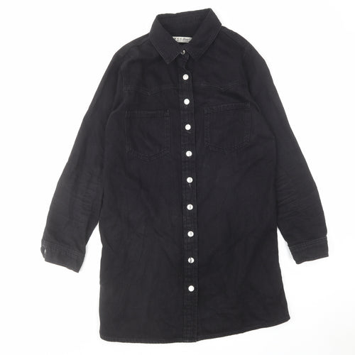 Denim & Co. Womens Black Cotton Shirt Dress Size 10 Collared Button