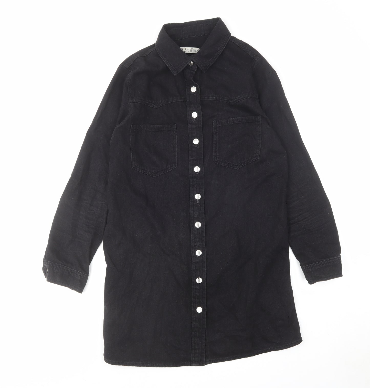 Denim & Co. Womens Black Cotton Shirt Dress Size 10 Collared Button