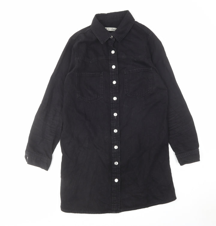 Denim & Co. Womens Black Cotton Shirt Dress Size 10 Collared Button