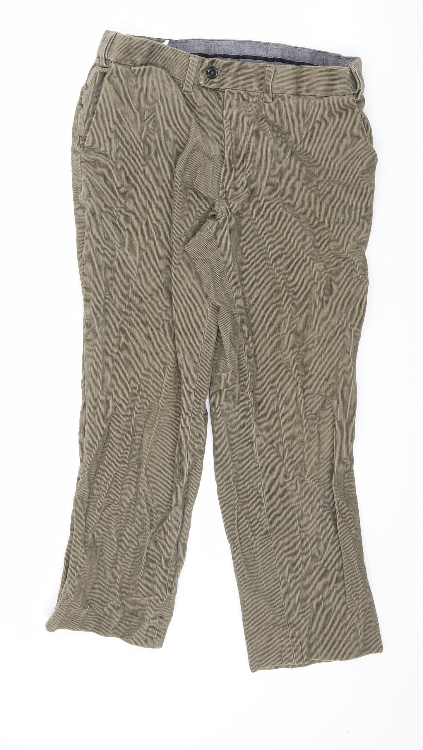 Marks and Spencer Mens Green Cotton Trousers Size 32 in L31 in Regular Zip