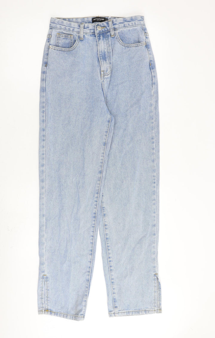 PRETTYLITTLETHING Womens Blue Cotton Boyfriend Jeans Size 8 L30 in Regular Zip - Ankle Slit