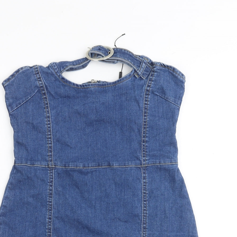 PRETTYLITTLETHING Womens Blue Cotton Mini Size 10 Off the Shoulder Zip