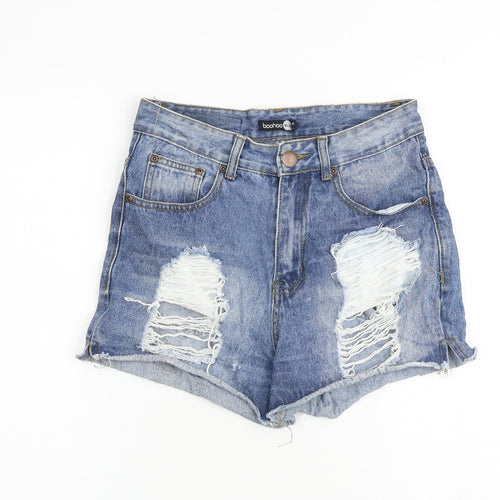 Boohoo Womens Blue 100% Cotton Cut-Off Shorts Size 8 Regular Zip