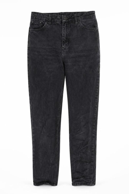 Front view of Topshop women’s grey cotton straight jeans, size UK 28, in, 32-inch leg regular zip
