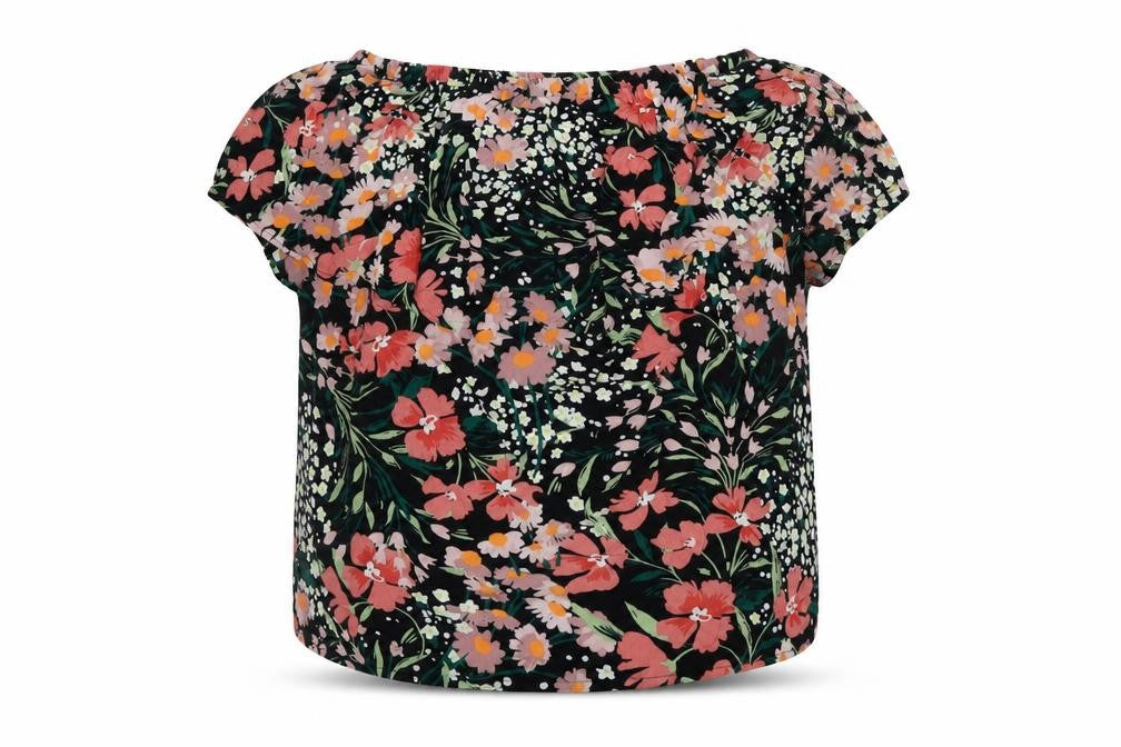 Front view of Capsule women’s multicoloured floral viscose basic blouse, size UK 14, off the shoulder