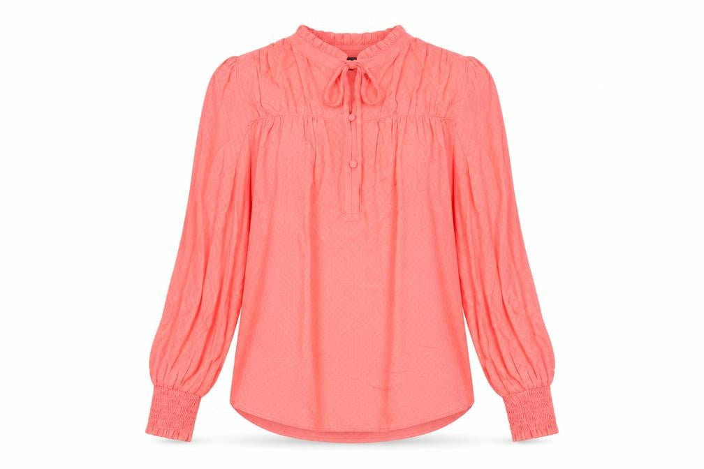 Front view of Marks & Spencer women’s pink viscose basic blouse, size UK 6, crew neck