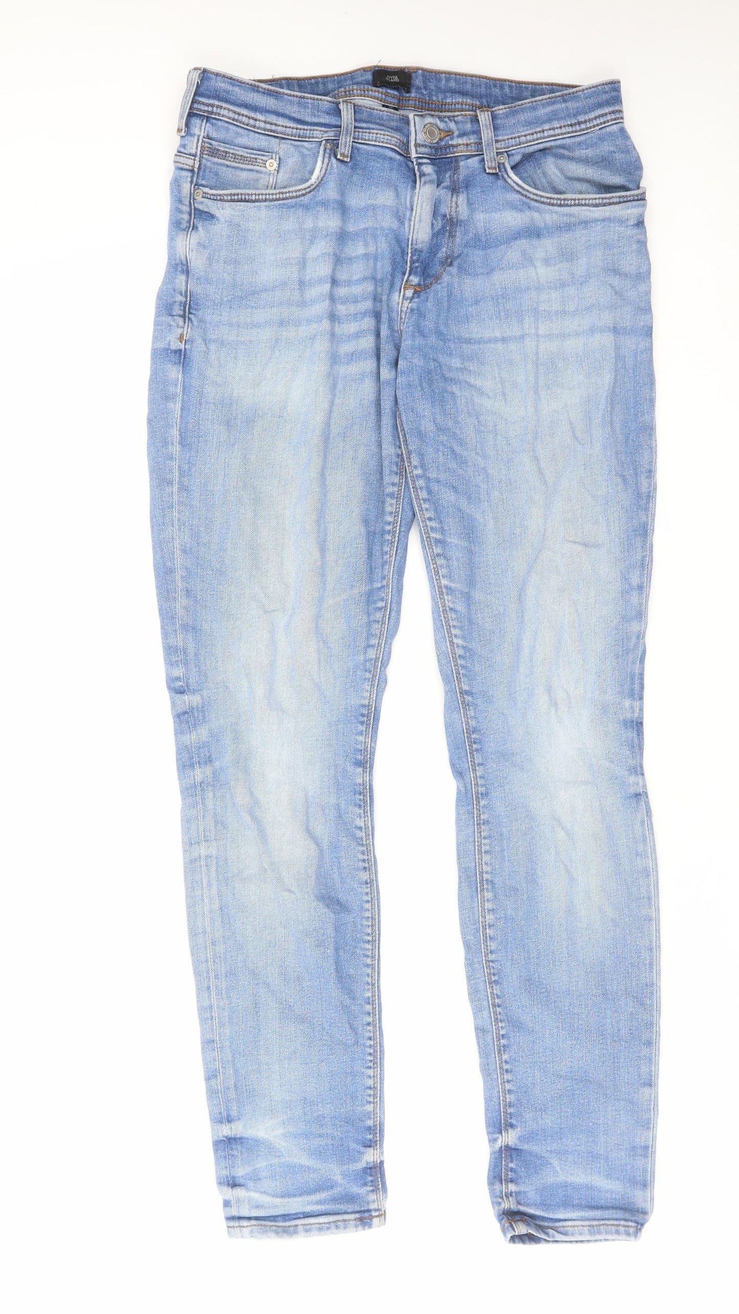 River Island Mens Blue Cotton Straight Jeans Size 30 in L32 in Regular Zip