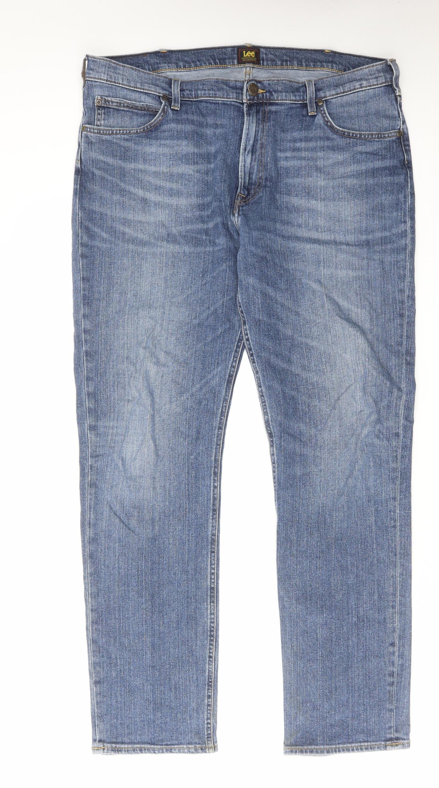 Lee Mens Blue Cotton Straight Jeans Size 38 in L34 in Regular Zip