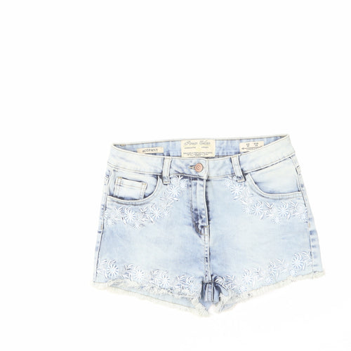 PARISIAN SIGNATURE Womens Blue Cotton Hot Pants Shorts Size 10 Regular Zip - Floral Embroidery, Distressed Hems