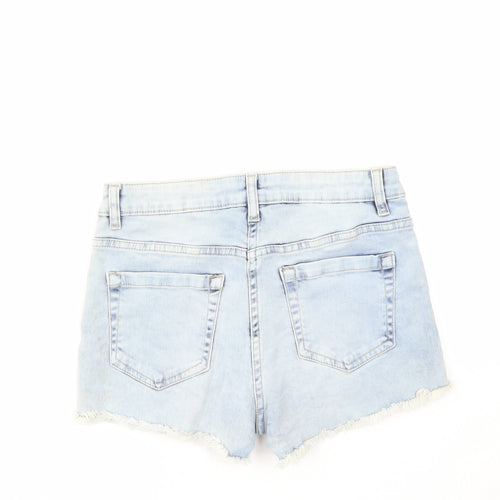 PARISIAN SIGNATURE Womens Blue Cotton Hot Pants Shorts Size 10 Regular Zip - Floral Embroidery, Distressed Hems
