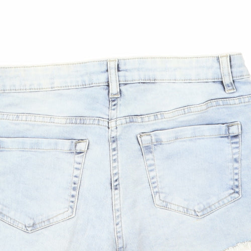 PARISIAN SIGNATURE Womens Blue Cotton Hot Pants Shorts Size 10 Regular Zip - Floral Embroidery, Distressed Hems