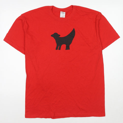 Gildan Womens Red Cotton Basic T-Shirt Size L Round Neck - Lamb Banana
