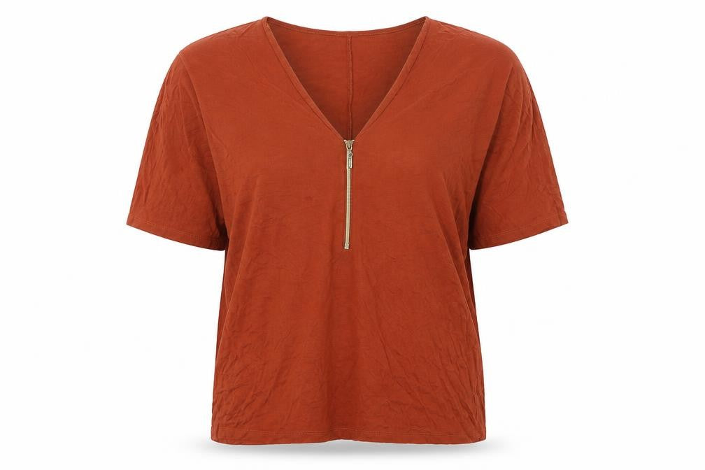 Front view of Body Flirt women’s brown viscose basic t-shirt, size L, v-neck