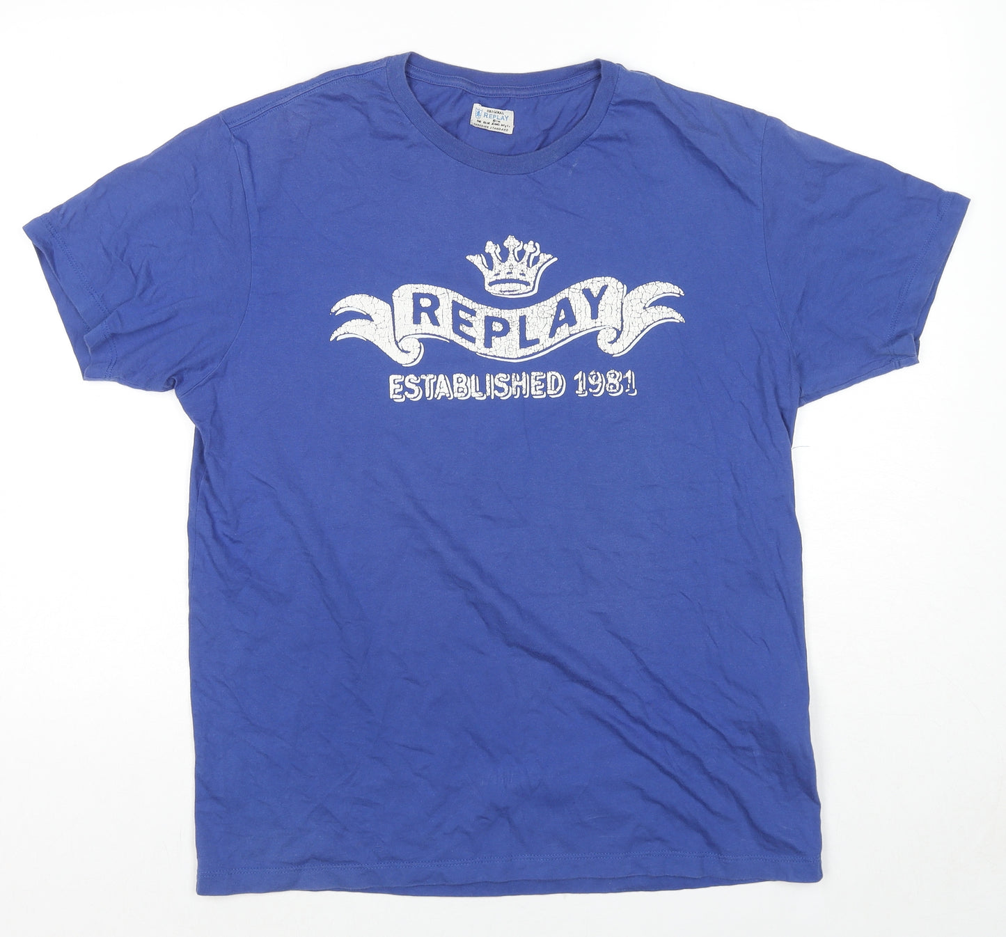 Replay Mens Blue Cotton T-Shirt Size L Crew Neck