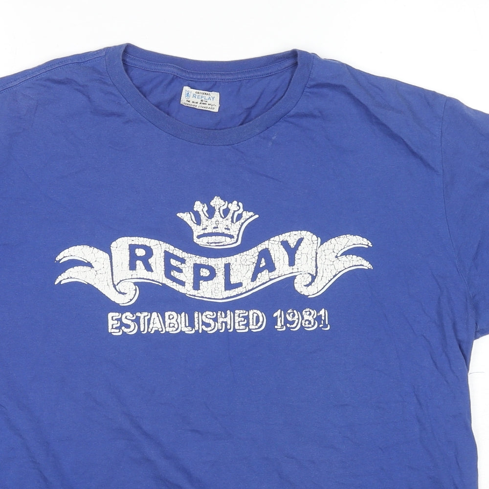 Replay Mens Blue Cotton T-Shirt Size L Crew Neck