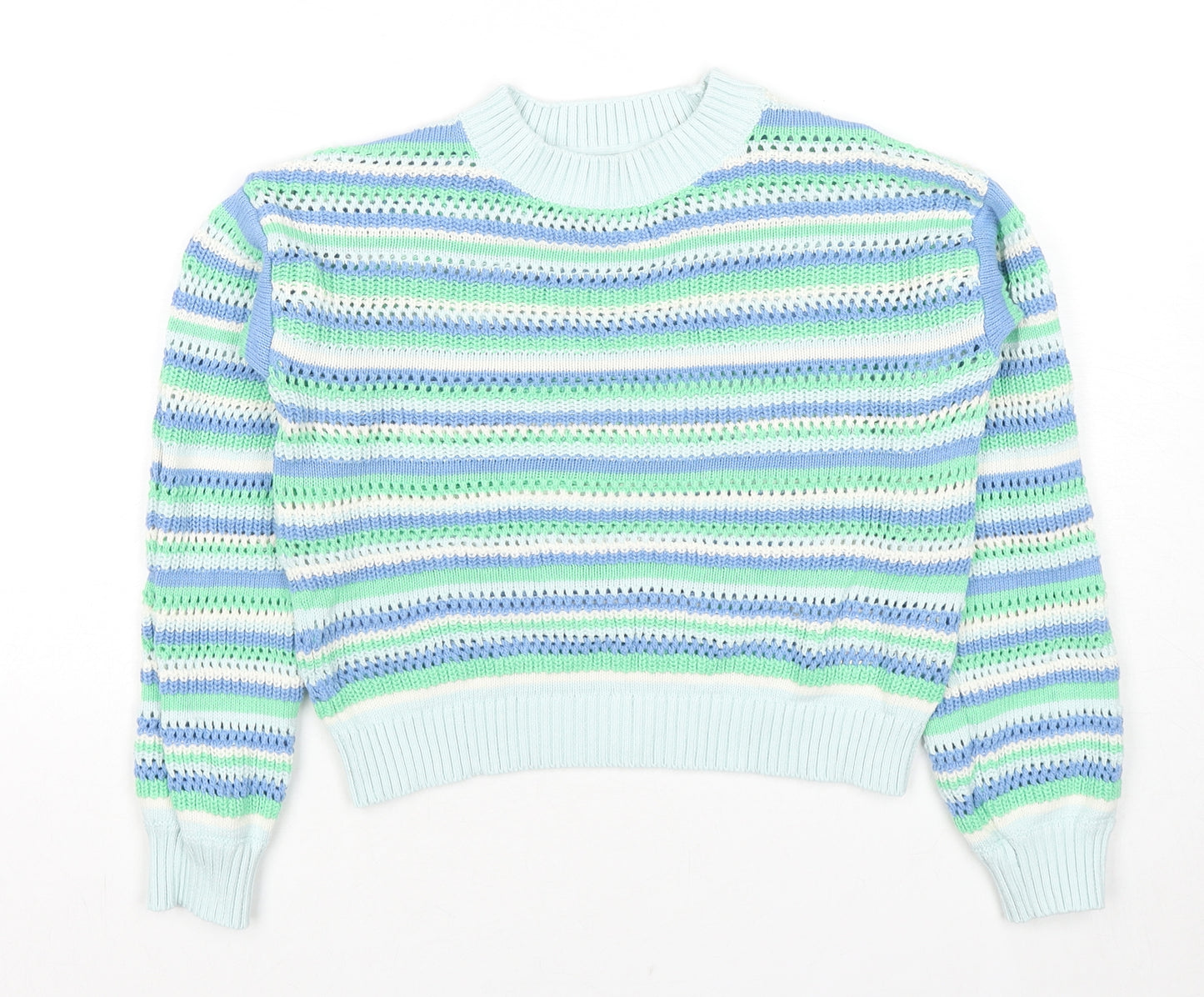 Marks and Spencer Girls Multicoloured Mock Neck Striped Cotton Pullover Jumper Size 10-11 Years Pullover