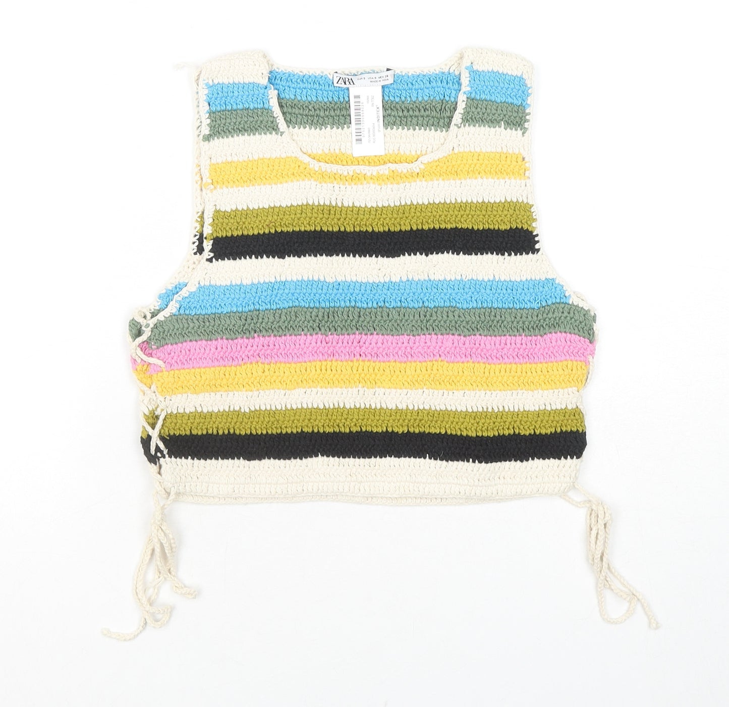Zara Womens Multicoloured Striped Cotton Basic Tank Size S Scoop Neck - Side Tie Detail