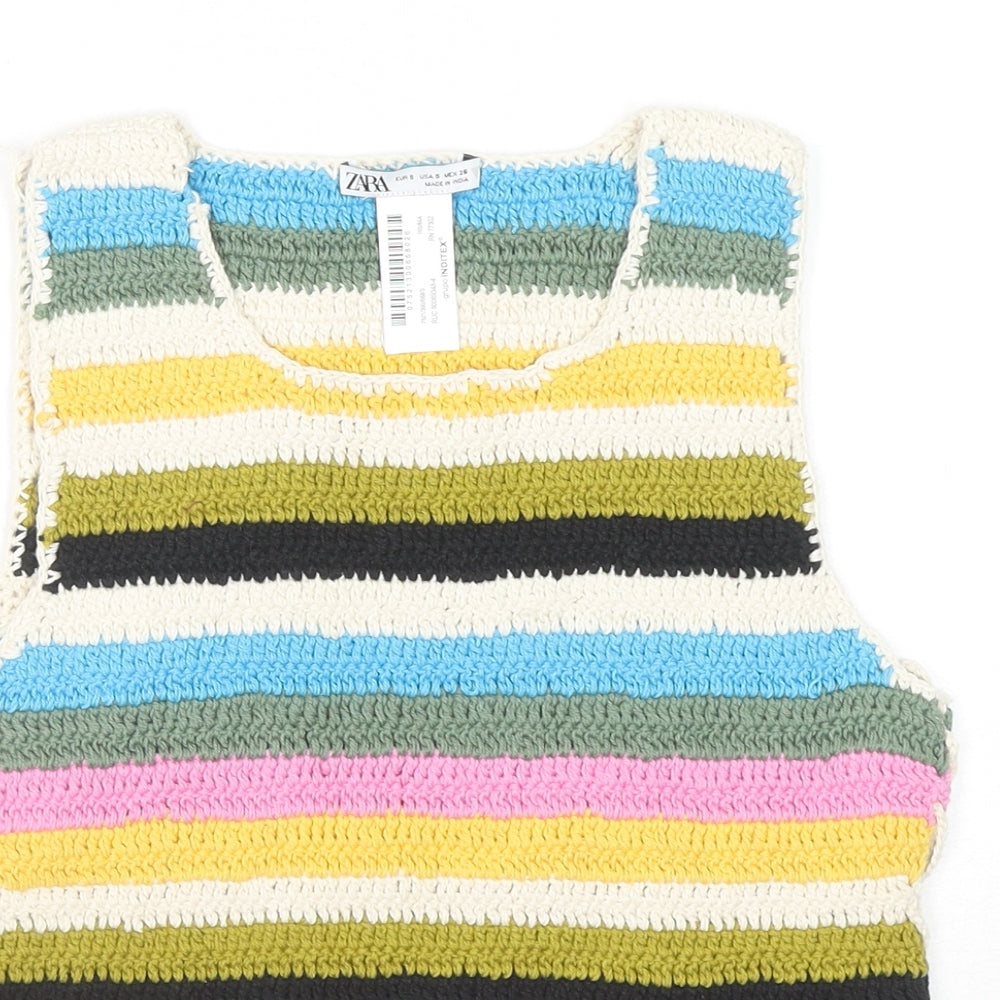 Zara Womens Multicoloured Striped Cotton Basic Tank Size S Scoop Neck - Side Tie Detail