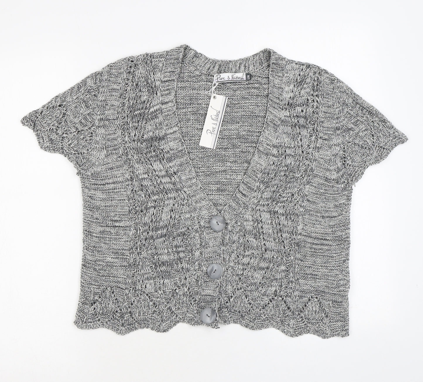 Pure & Natural Womens Grey V-Neck Cotton Cardigan Jumper Size L - Size L-XL