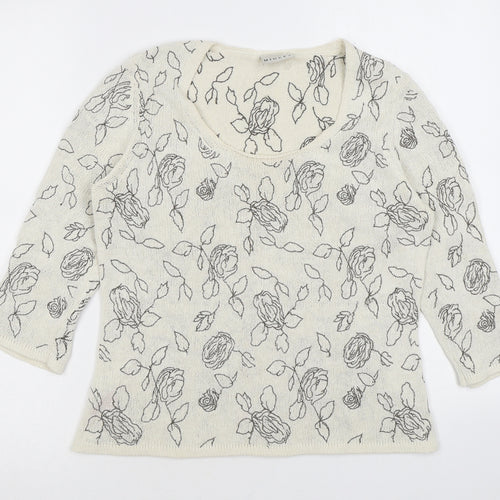 Minuet Womens Beige Scoop Neck Floral Silk Pullover Jumper Size 10