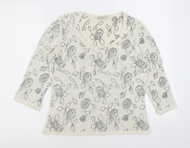 Minuet Womens Beige Scoop Neck Floral Silk Pullover Jumper Size 10
