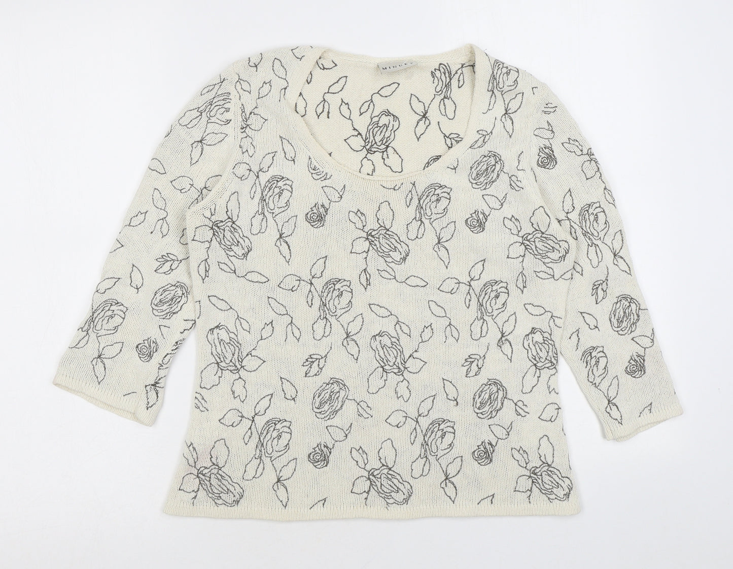 Minuet Womens Beige Scoop Neck Floral Silk Pullover Jumper Size 10